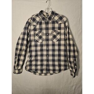 American Eagle Western Pearl Snap Shirt Men Size‎ M Navy Plaid Long Sleeve 1012